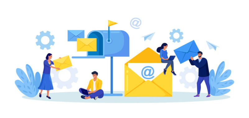 Mail Service, Correspondence Delivery. People Receiving, Sending Letters, Sorting Document. New Incoming SMS, E-mail Message. Retro Mailbox with Envelopes. E-mail Marketing. Manager Sending Newsletter