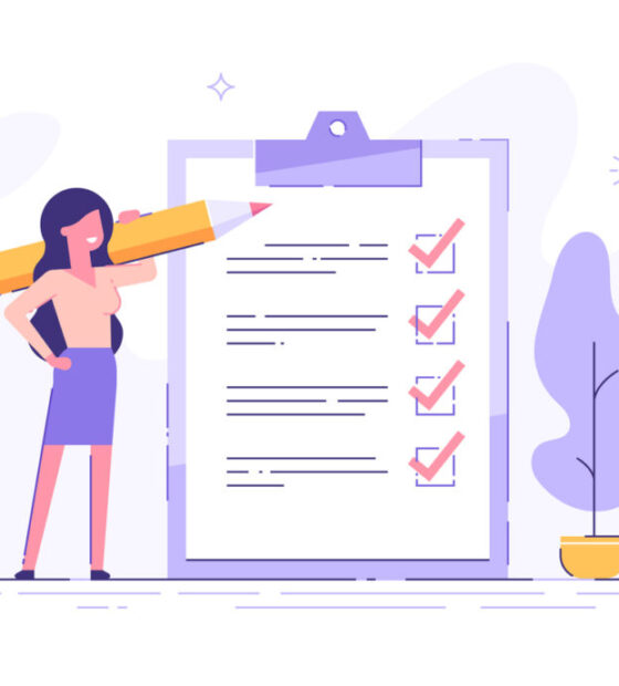 Positive business woman with a giant pencil on his shoulder nearby marked checklist on a clipboard paper. Successful completion of business tasks. Flat vector illustration.